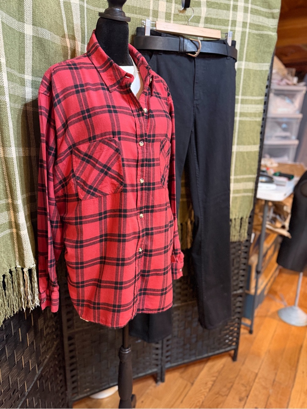 a.n.a Red and Black Plaid Button-Down Shirt with Chest Pockets